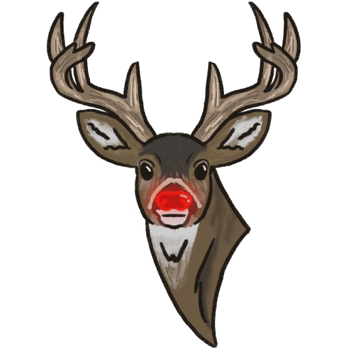  the head of a reindeer. It has large antlers and is coloured in shades of grey and brown with a white chest, muzzle and ear fluff. It has a glowing red nose. 